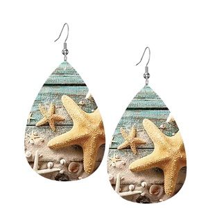 Leather Teardrop Shaped Sea Star and Sand Print  Drop Earrings